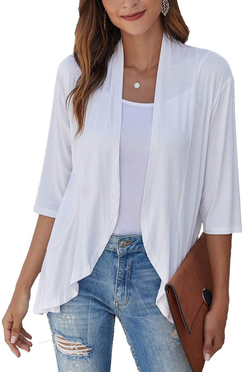 Bluetime Women Casual Lightweight Open Front Cardigans Soft Draped Ruffles 3/4 Sleeve Cardigan (S, White) - Image 1